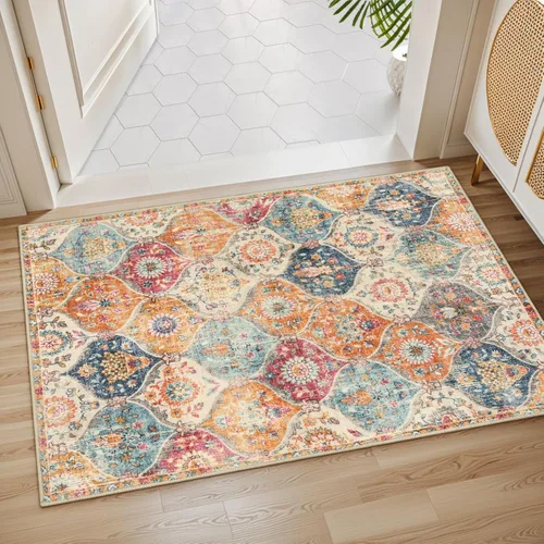 Miniatura 5 de Lahome - Alfombra marroquí antideslizante y lavable, pequeña alfombra oriental para dormitorio, cocina, entrada, baño, entrada, 61 x 91 cm, crema