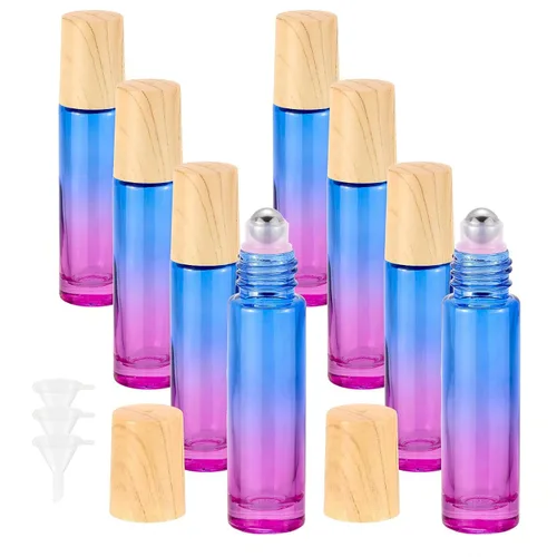 8 botellas de vidrio de 0.3 fl oz (1/3 oz), color azul y morado, botellas enrollables, envase para aceites esenciales, perfumes, bálsamos labiales