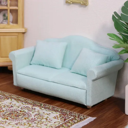 Miniatura 3 de Sofá de casa de muñecas, muebles en miniatura, sofá con almohadas para sala de estar, decoración de escritorio, sofá de tela, mini accesorios