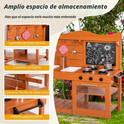 Miniatura 3 de BRINJOY Juego de cocina para niños, juego de cocina de barro de madera al aire libre con 2 fregaderos extraíbles y tubo rociador, cocina de juego