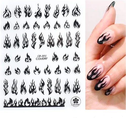 Miniatura 6 de 10 hojas de calcomanías de arte de uñas, calcomanías de arte de uñas doradas y negras, diseño de llama, calcomanías de uñas autoadhesivas 3D