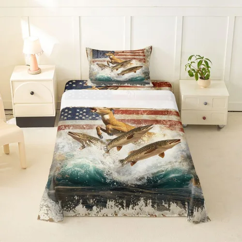 Miniatura 58 de Erosebridal American Flag Bed Sheets Twin Army Green Camo Deep Pocket Fitted Sheet for Kids Boys Girls Bear Claw Hunting Theme Bedding Set Camoflage