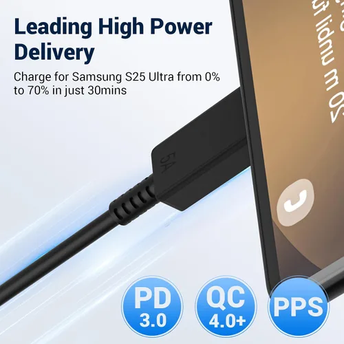 Miniatura 2 de Paquete de 2 cables de carga Samsung de 6 pies, 100 W/5 A, cable de carga rápida tipo C a tipo C, para Galaxy S25/S24/S23/S22/S21 Edge/Ultra/Note