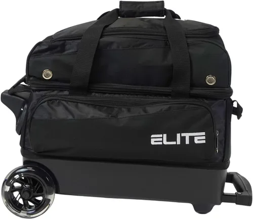 Miniatura 2 de ELITE Bolsa de bolos Deluxe de 2 bolas con ruedas lisas de 5 pulgadas, bolsillo grande para accesorios, compartimento para zapatos, mango extensible