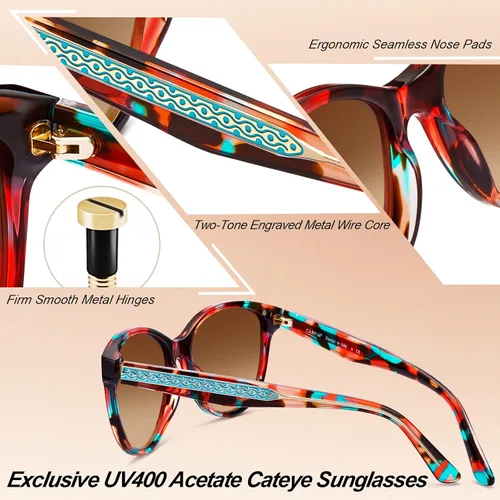 Miniatura 5 de CARFIA Cateye Polarized Sunglasses for Women UV Protection, Italy Handcrafted Acetate Frame with Embossed Pattern Wire Core