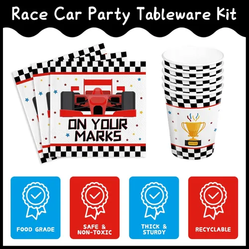 Miniatura 4 de 120 piezas Platos de Fiesta de Coches de Carreras Servilletas con Cuadros Suministros de Cumpleaños de Coches de Carreras para Niños Niños Vajilla