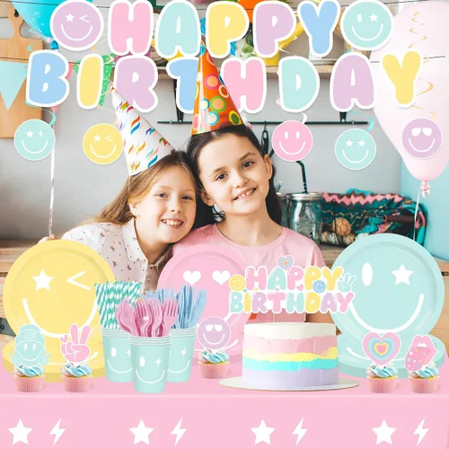 Miniatura 7 de 199 piezas de decoración de cumpleaños con cara sonriente y juego de platos temáticos y servilletas con temática de pastel sonriente, globo