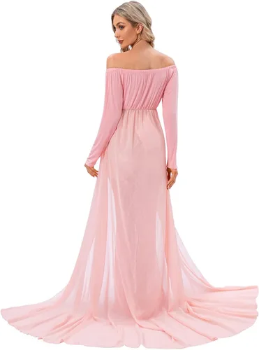 Miniatura 4 de ZIUMUDY Vestido de maternidad para sesión de fotos de manga larga con hombros descubiertos, vestido de encaje ajustado con capa larga de gasa trian