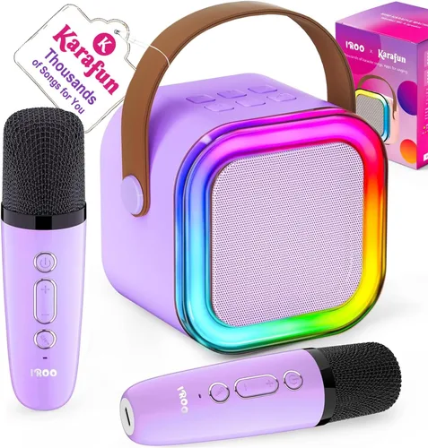 Miniatura 8 de IROO - Máquina de karaoke para niños y adultos, minialtavoz Bluetooth portátil con 2 micrófonos inalámbricos y luces de fiesta, para celular, regalo