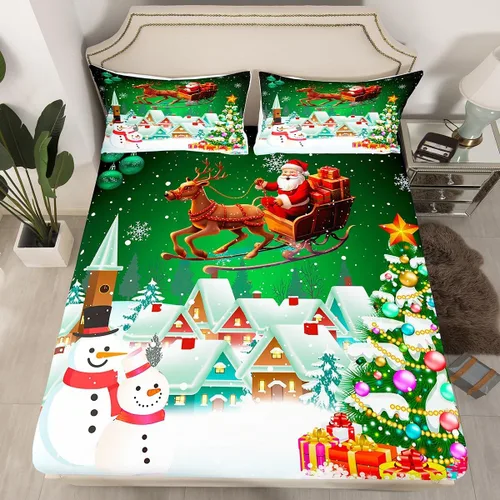 Miniatura 4 de Manfei juego de sábanas de Navidad tamaño completo, juego de sábanas con muñeco de nieve y árbol de Navidad de 4 piezas con sábana bajera de Multi 03