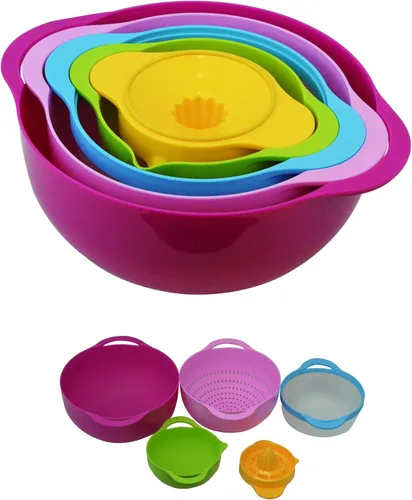 Southern Homewares Juego de 5 cuencos mezcladores anidables con colador, tamiz, taza medidora y exprimidor, juego de cocina apilable multicolor