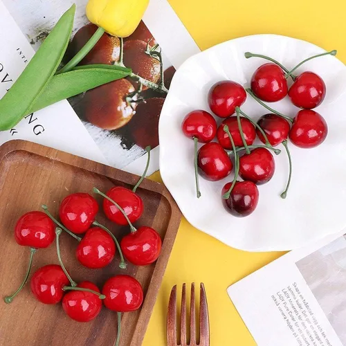 PETCTN 20 piezas de cerezas artificiales rojas, decoración de fruta falsa, modelo de cereza de simulación, adorno de cereza de fruta realista,