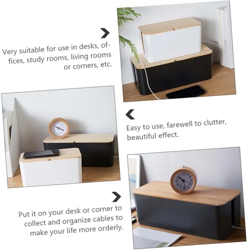 Miniatura 5 de Cable Storage Box with Natural Wood Lid Medium Black Power Line Organizer Household Wire Storage Case for Charging Cables and Socket Management for