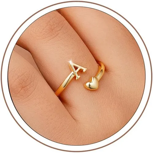 M MOOHAM Anillos de oro para mujeres y niñas – Anillos iniciales con placa de oro de 14 quilates para mujer, no se deslustra, letra A-Z, delicado