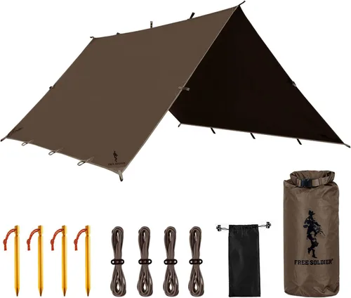 Miniatura 13 de FREE SOLDIER Lona impermeable portátil multifuncional para exteriores, camping, viajes; toldo de mochilero, refugio contra la lluvia Verde oscuro