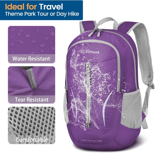 Miniatura 4 de ZOMAKE Mochila Empacable Ultraligera de 25L, Mochilas de Senderismo Plegables Resistentes al Agua Mochila Diurna Plegable Pequeña para Viajes Púrpura