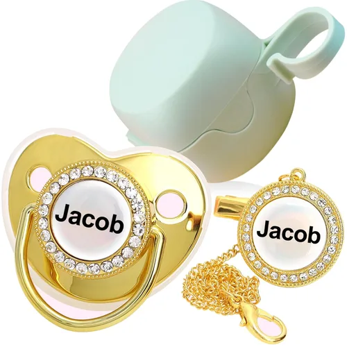 Miniatura 9 de Chupete personalizado con nombre, set de clip para chupete dorado brillante con caja de almacenamiento, chupete personalizado con purpurina