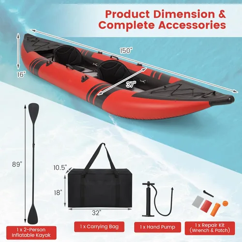 Miniatura 7 de GYMAX Kayak inflable, kayak tándem de 12.5 pies y 507 libras con 2 remos de aluminio, 2 asientos acolchados, reposapiés, 2 aletas, bomba de mano