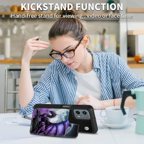 Miniatura 5 de FUYOCWE Funda para Motorola Moto G 5G 2023 con tarjetero, diseño de dragón morado bajo luna llena, piel sintética, función atril, ranura
