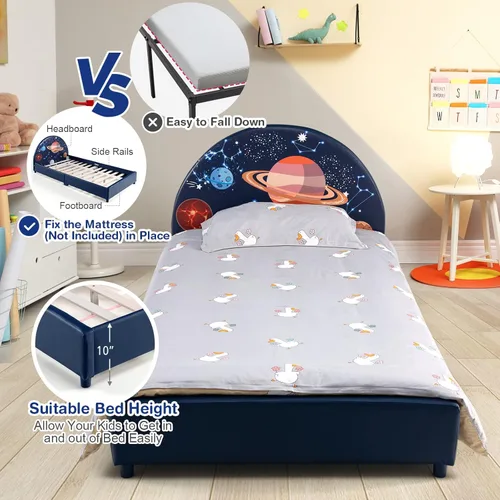 Miniatura 4 de Costzon Base de cama individual para niños, plataforma de cama individual tapizada de madera con soporte de listones, cabecera y estribo acolchados