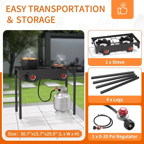 Miniatura 2 de Estufa de gas de 2 quemadores, quemador de propano para exteriores de alta presión con patas desmontables, estufa de campamento de 150,000 BTU
