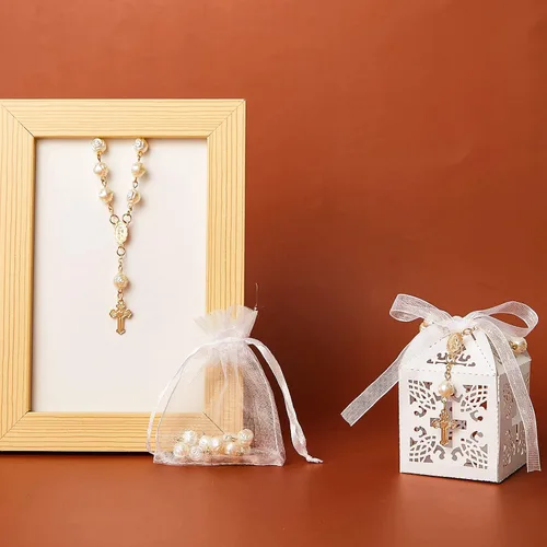 Miniatura 5 de Taiyin Juego de 300 piezas de rosarios para bautizo a granel, pulsera de rosario acrílico, cuentas de perlas sintéticas con bolsa de organza y cajas