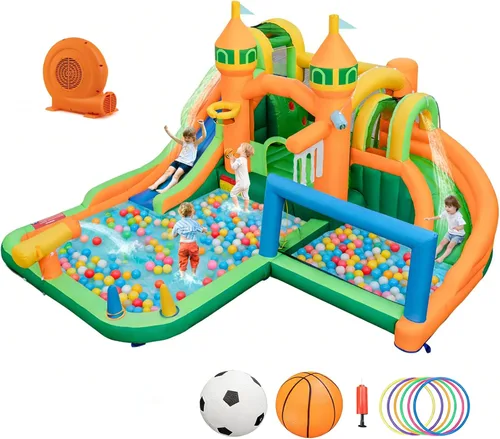 Miniatura 16 de BOUNTECH Tobogán acuático inflable, parque acuático para niños, castillo de salto de fútbol acuático con cañones dobles, piscina de salpicaduras