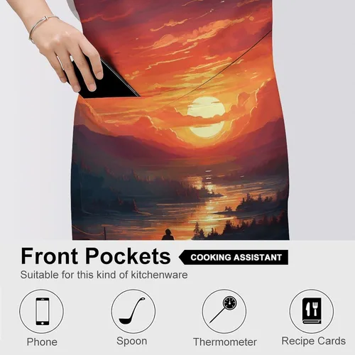 Miniatura 5 de Sunset Art Aprons Waterproof Cooking Kitchen Apron Unisex Adjustable Bib Apron with Pocket Restaurant Chef Works Aprons for Waitress Waiter