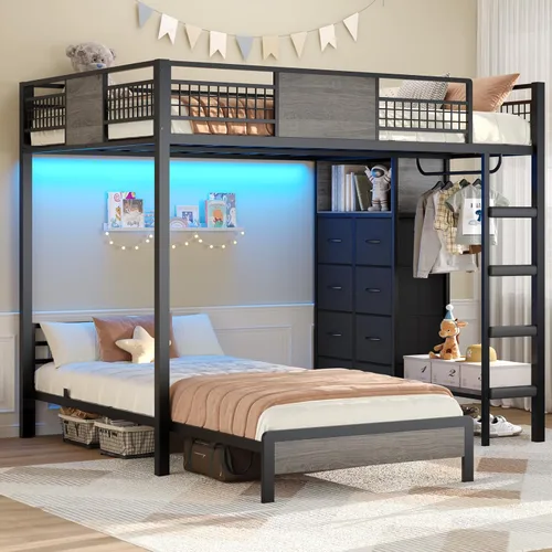 Miniatura 11 de ADORNEVE Litera Full sobre Twin con 8 cajones de almacenamiento, cama alta de metal con luces LED y estantes de almacenamiento, literas Twin sobre