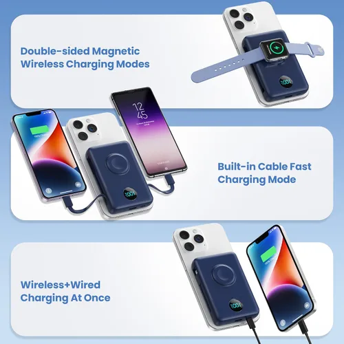 Miniatura 47 de Cargador portátil magnético de 10800 mAh para iPhone con cables integrados, cargador de batería inalámbrico 6 en 1 con cargador iWatch, pantalla LCD