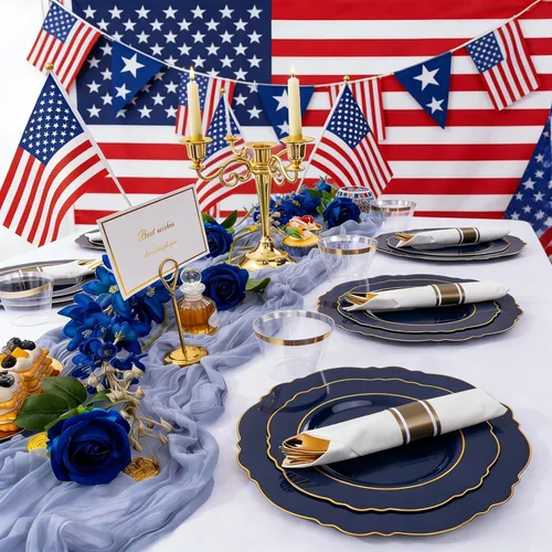 Miniatura 2 de Liacere 350 platos de plástico azul marino, platos desechables de color azul dorado, vajilla de plástico para 50 invitados, incluye 100 platos, 50