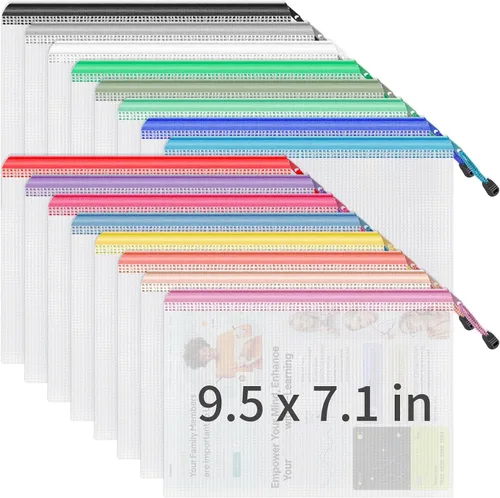 Miniatura 11 de Umriox Bolsas de malla con cremallera, A3+A4+A5, (6 colores, 18 paquetes), bolsas transparentes con cremallera, bolsas impermeables con cremallera