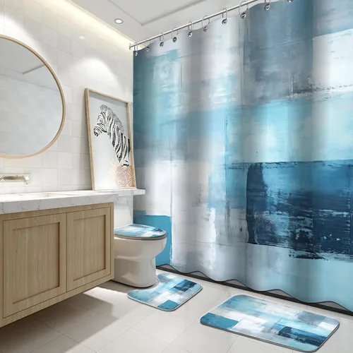 Miniatura 15 de Lnond 4 Piezas Juegos de Cortinas de Ducha de Baño Moradas con Alfombras, Arte de Pintura Púrpura y Gris Juegos de Baño con Cortina de Ducha