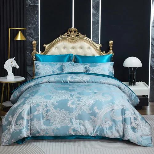 Miniatura 25 de Juego de edredón Queen de jacquard verde, juego de sábanas, elegante juego de ropa de cama de 8 piezas bordado, diseño floral neoclásico, decoración