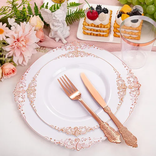 Miniatura 2 de Morejoy - Juego de vajilla de plástico de 175 piezas en oro rosa y plata: 25 platos, 25 tenedores, 25 cuchillos, 25 cucharas, 25 tazas, 25 Oro