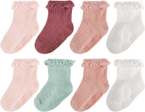 Miniatura 13 de Calcetines de Volantes para Niña Bebé, Calcetines Antideslizantes de Agarre para Niñas, Calcetines de Tobillo Frilly de Algodón Lindos para Niñas