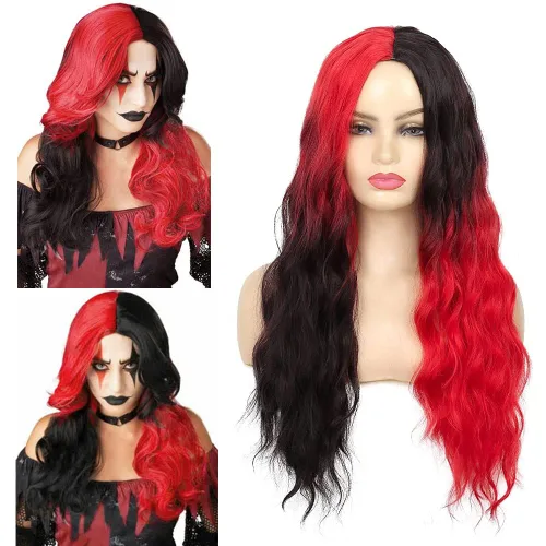 Miniatura 10 de Swiking Pelucas largas de color verde y negro para mujer, pelucas de cabello ondulado natural ombré verde sintético de fibra suave para fiesta