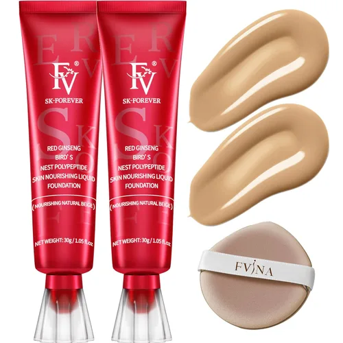 Miniatura 12 de FV Paquete de 2 bases de maquillaje líquidas, impermeables y ligeras, acabado natural con cobertura media, base hidratante para piel seca y normal