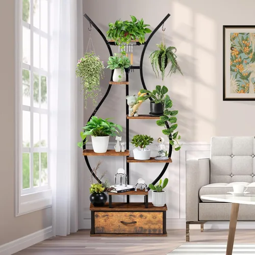 Miniatura 2 de Soporte para plantas de interior de 7 niveles con ganchos y cajón para colgar, soporte de esquina en forma de jarrón de 68.1 pulgadas de alto