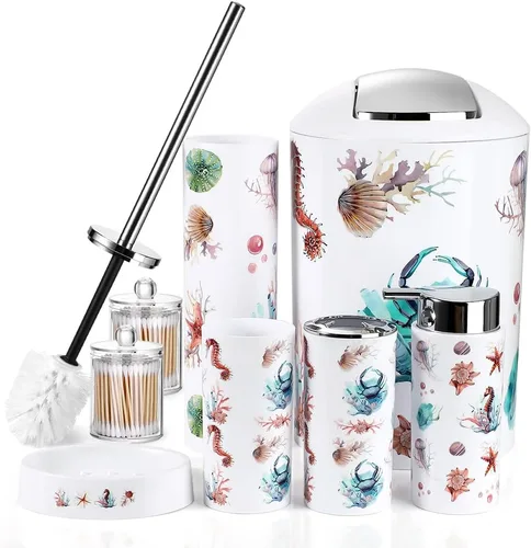 OTOSTAR Juego de accesorios de baño, 8 piezas, juego de accesorios de baño oceánico, juego de baño de lujo con bote de basura, dispensador de jabón,