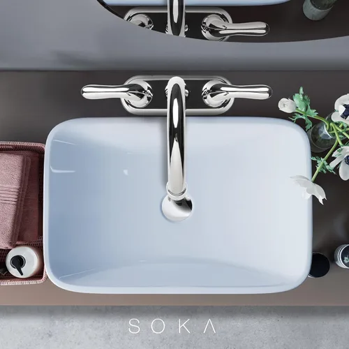 Miniatura 7 de SOKA Grifo de baño central de dos asas para fregadero de acero inoxidable de arco alto con placa de cubierta y montaje de drenaje desplegable