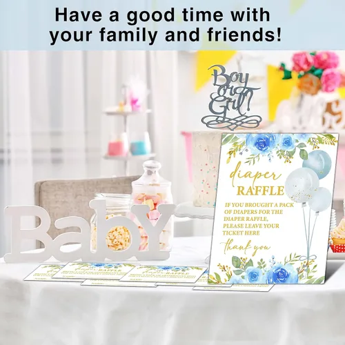 Miniatura 3 de Cartel de 8 x 10 pulgadas para sorteo de pañales con 50 boletos para rifas de pañales, juegos florales azules para baby shower, suministros