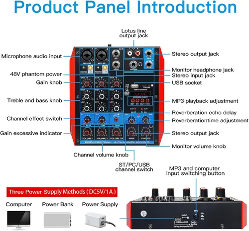Miniatura 6 de Mezclador de audio de 4 canales, mini consola portátil de placa de sonido con interfaz de audio USB de 48 V Phantom Power Bluetooth USB MP3 DJ Mixer