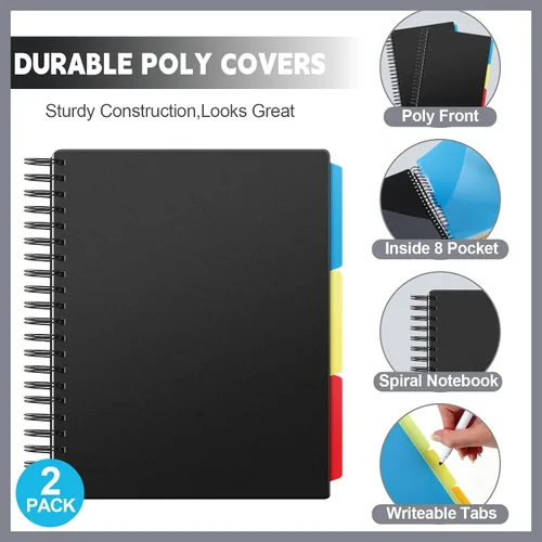 Miniatura 3 de Yeaqee 2 Pack 3 Subject Notebook College Ruled 8.5 x 11, 300 Pages (150 Sheets) 3 Subject Black Spiral Notebook with Tabs, Pocket Dividers Multi