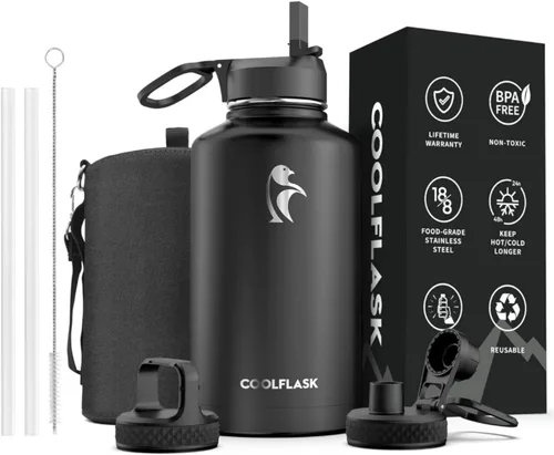 Miniatura 35 de Coolflask Botella de agua de 20 onzas aislada con pajilla, 3 tapas de metal de acero inoxidable, botella de agua de boca ancha para deportes u