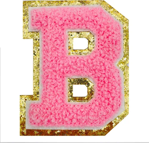 Miniatura 9 de Jongdari Letras termo-adhesivas de felpilla para ropa, parche del alfabeto con purpurina y adhesivo planchado, 26 unidades, color rosa