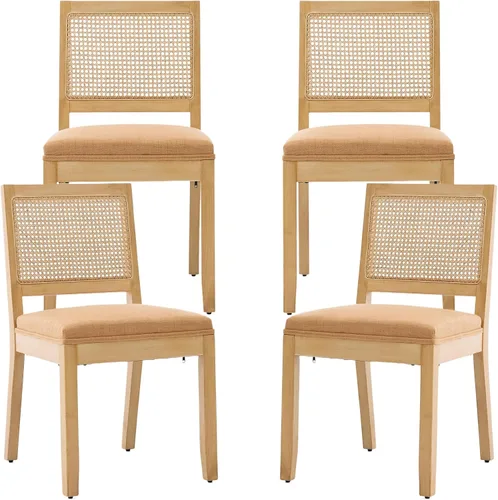 Miniatura 36 de Juego de 2 sillas de comedor de campo francés, sillas de comedor de madera de granja beige, silla de comedor con respaldo tejido con cojín tapizado