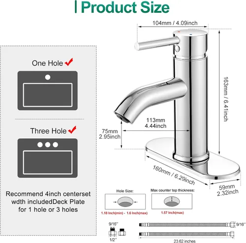 Miniatura 5 de VOTON Grifos de baño cromados de 1 agujero, grifo de lavabo de baño de acero inoxidable con drenaje desplegable de metal, grifo de lavabo para Cromo