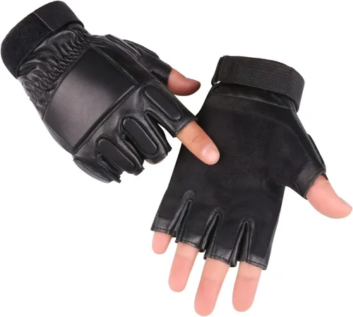 Miniatura 3 de Long Keeper Guantes de cuero genuino sin dedos para hombre, medio dedo, conducción, ciclismo, motocicleta, deportes al aire libre, Negro