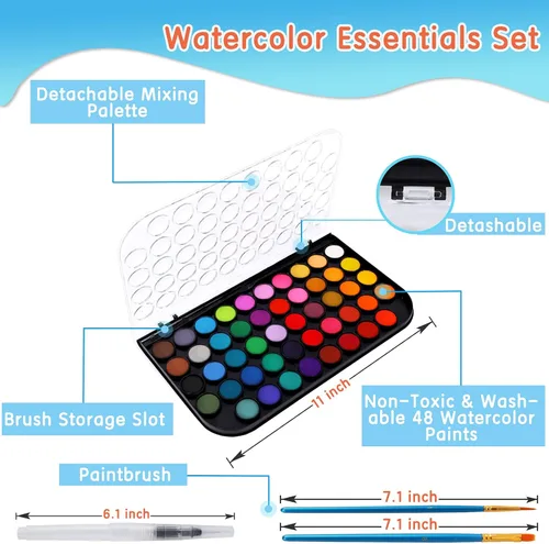 Miniatura 2 de Pintura de acuarela, juego de pintura de acuarela lavable de 48 colores con un pincel, un pincel de agua recargable y una paleta, juegos de pinturas